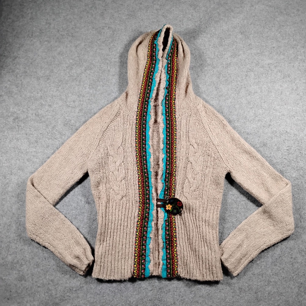 Free People Beige Fun Times Cardigan Sweater Hooded Embroidered Lace Trim Size M